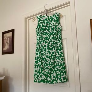 Green and white print belted dress